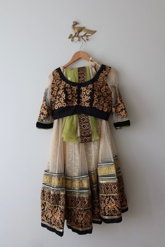 White & Black Net Lehenga with Neon Green & Bronze Gold Embroidery