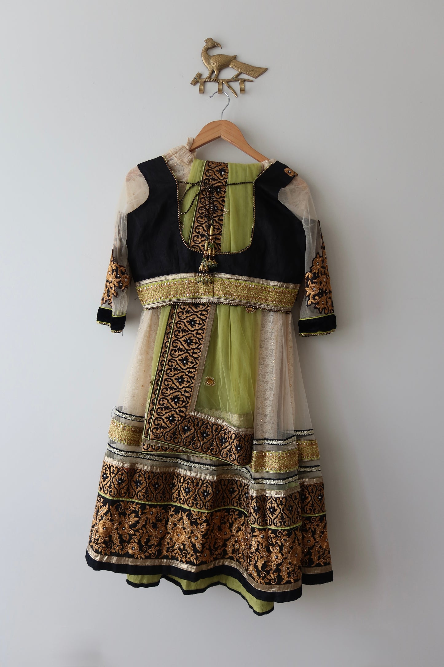 White & Black Net Lehenga with Neon Green & Bronze Gold Embroidery