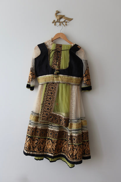 White & Black Net Lehenga with Neon Green & Bronze Gold Embroidery