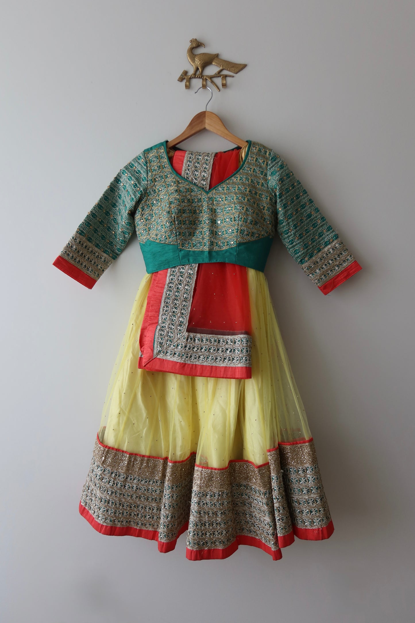 Yellow & Bottle Green Net Lehenga with Bright Orange Dupatta