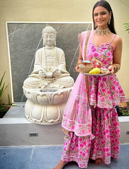 Pink Block Printed Sharara Set - Size 40/42, Preloved