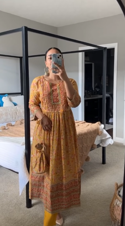 Yellow Floral Salwar Kameez Set With Potli - Size 42, Preloved