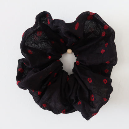 Black Bandhani Scrunchie with Red Accents - New, Upcycled