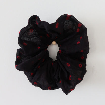 Black Bandhani Scrunchie with Red Accents - New, Upcycled