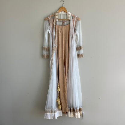 White and Bronze 3-Piece Anarkali with Zari Embroidery - Preloved