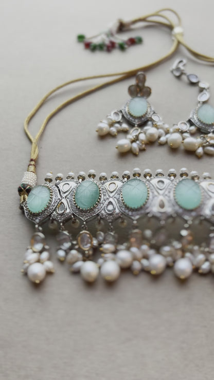 Statement Turquoise Stone & Pearl Necklace Set - Preloved