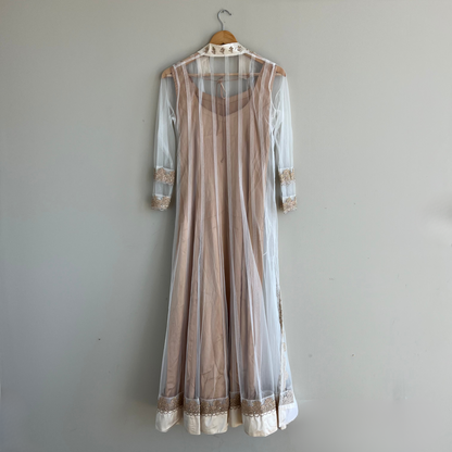 White and Bronze 3-Piece Anarkali with Zari Embroidery - Preloved