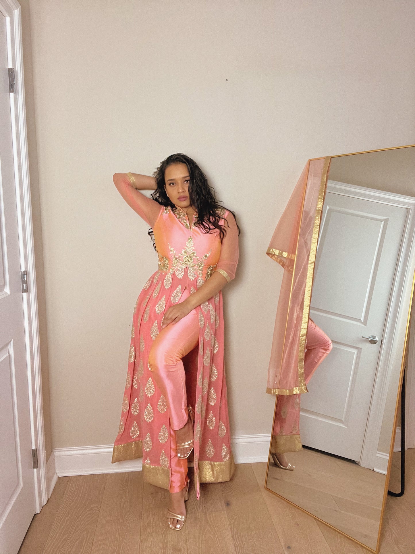 Silk Salmon Slit Dress Set - Preloved, 40