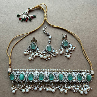 Statement Turquoise Stone & Pearl Necklace Set - Preloved