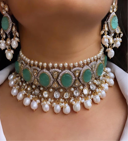 Statement Turquoise Stone & Pearl Necklace Set - Preloved