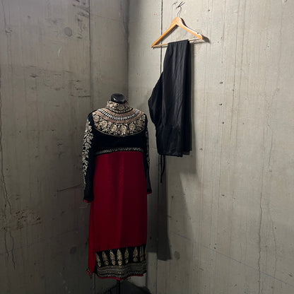 Embroidered High Neck Red and Black Salwar Kameez- Preloved, 40
