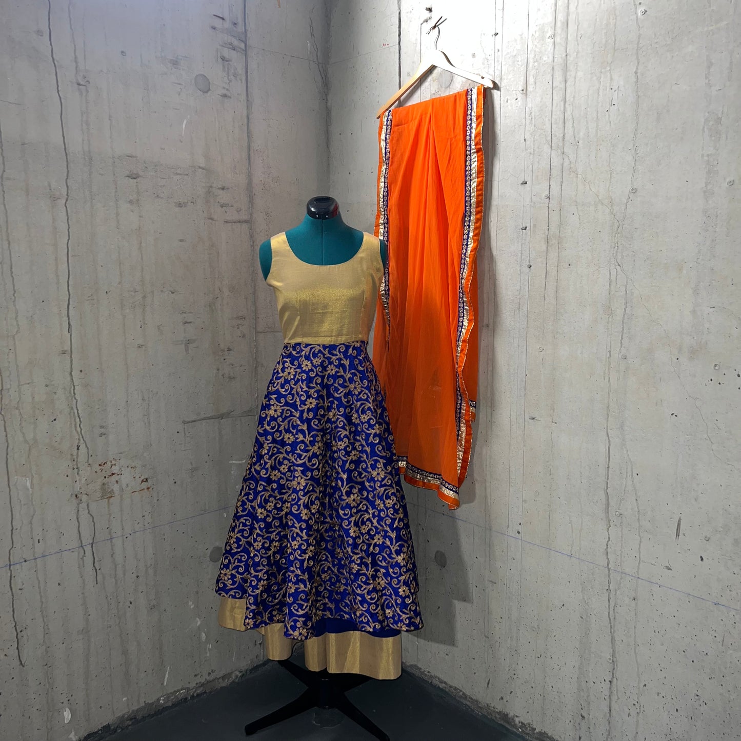 Blue and Gold Anarkali with Orange Dupatta- Preloved, 40