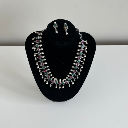 Vintage-inspired Oxidized Set with Pink and Green Stones - New