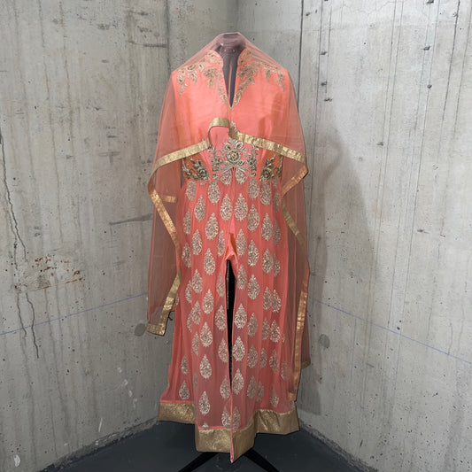 Silk Salmon Slit Dress Set - Preloved, 40